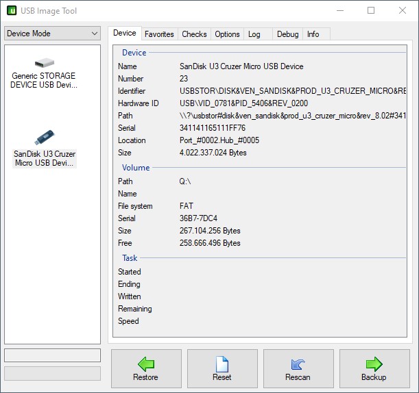 USB Image Tool device page