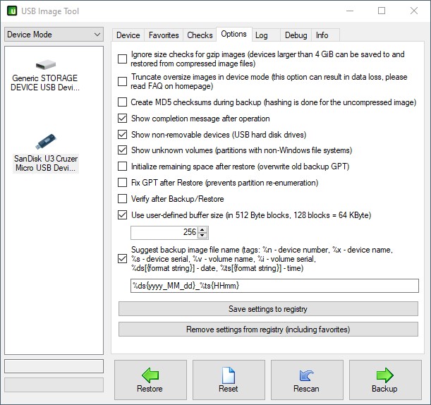 USB Image Tool options