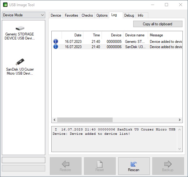 USB Image Tool log page